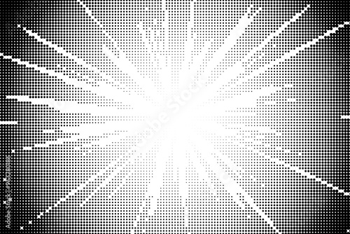Comic book black and white halftone speed lines background.