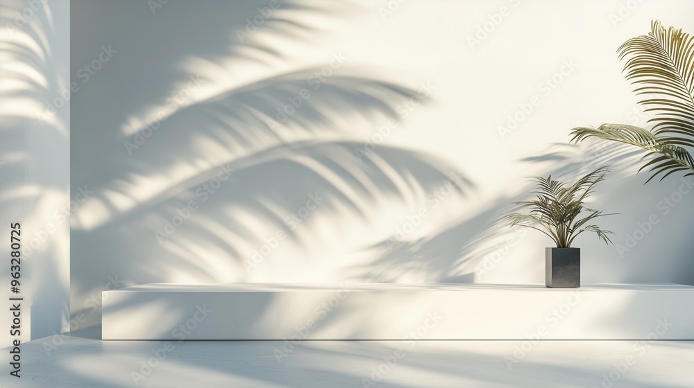 A modern product display with a minimalist design, highlighted by the interplay of palm shadows on a white luxury wall, creating a serene, luxurious atmosphere.