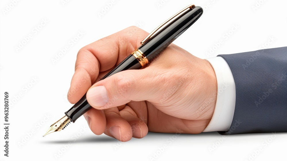 a hand holding an elegant fountain pen, ready to write on a blank page, symbolizing creativity and professionalism. a hand holding an elegant fountain pen, ready to write on a blank page, symbolizing creativity and professionalism.