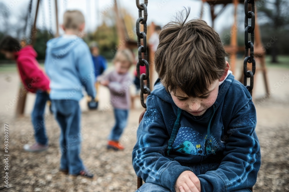 Child Sitting on a Swing Alone, Looking Down as Others Play Together Child Sitting on a Swing Alone, Looking Down as Others Play Together