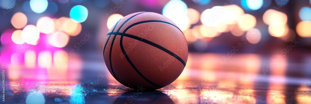 A basketball is sitting on a wet floor in a brightly lit room A basketball is sitting on a wet floor in a brightly lit room
