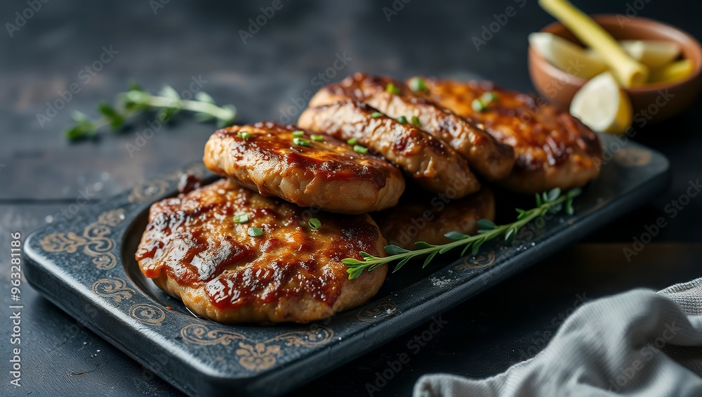Juicy delicious meat cutlets on a dark table. Russian cuisine Juicy delicious meat cutlets on a dark table. Russian cuisine