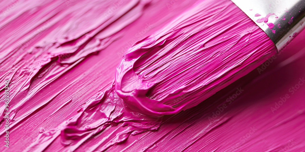 Radiant Pink Brushstrokes: A close-up of a painter's brush dipped in pink paint. Radiant Pink Brushstrokes: A close-up of a painter's brush dipped in pink paint.