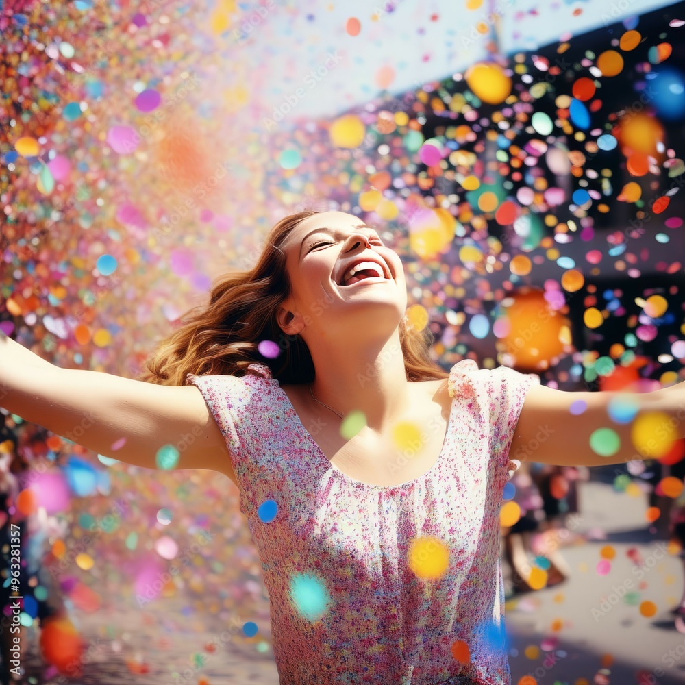 Happy beautiful girl with colorful balloons in the city
