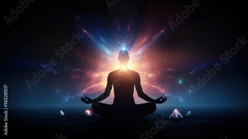 A silhouette meditating with vibrant light and energy emanating, symbolizing harmony, peace, and spiritual awakening.