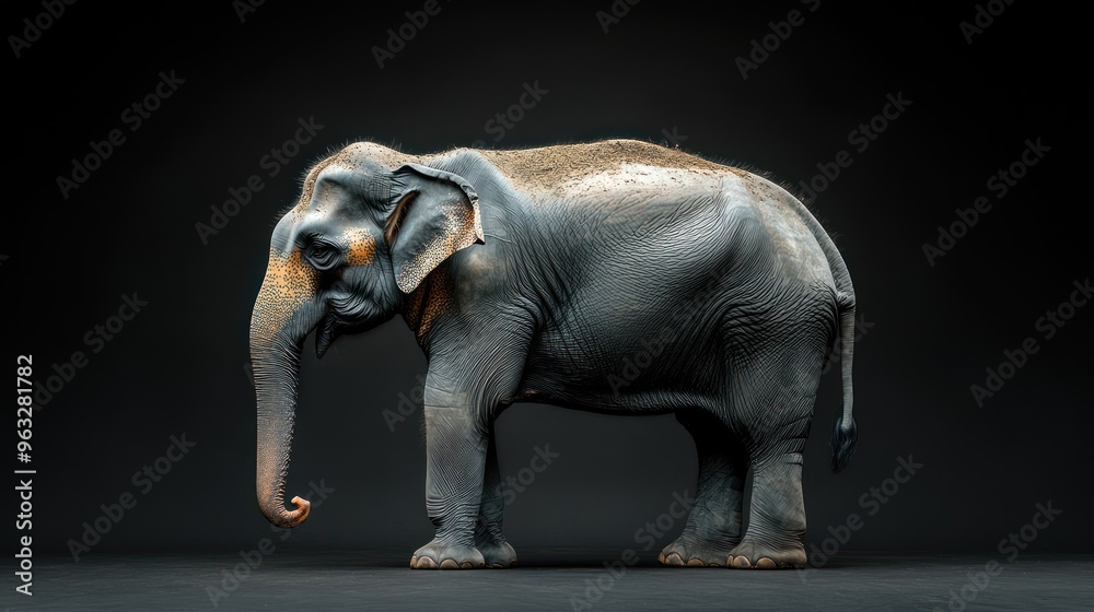 A realistic depiction of an elephant against a dark background. A realistic depiction of an elephant against a dark background.