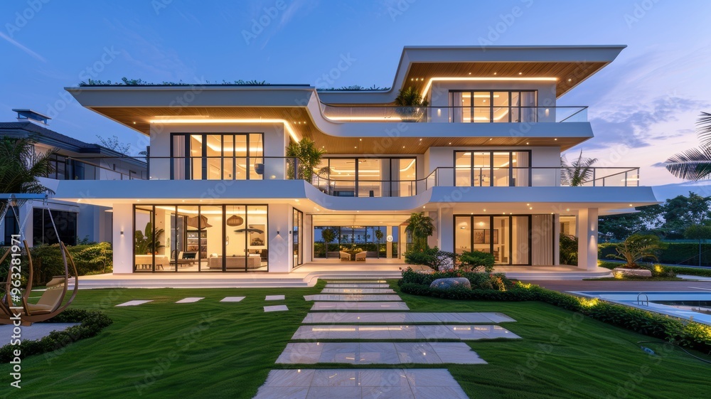 A modern villa illuminated at dusk, featuring elegant architecture, lush landscaping, and a serene outdoor atmosphere. A modern villa illuminated at dusk, featuring elegant architecture, lush landscaping, and a serene outdoor atmosphere.