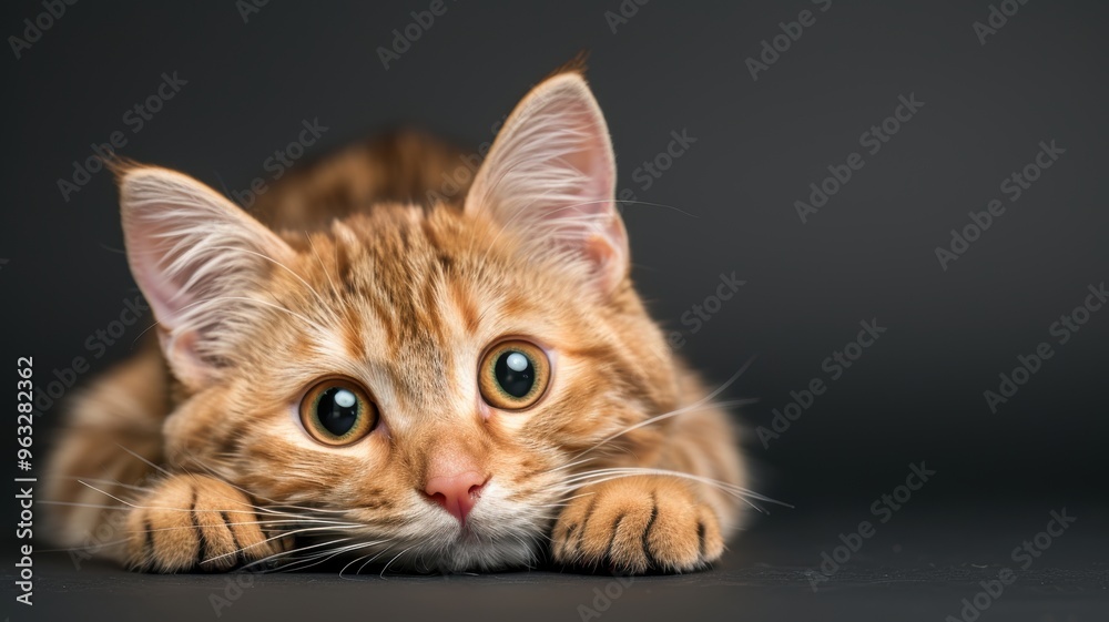 a playful orange cat lying on a dark surface, showcasing its curious eyes and soft fur. a playful orange cat lying on a dark surface, showcasing its curious eyes and soft fur.