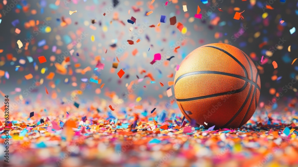 A basketball is sitting in a pile of confetti A basketball is sitting in a pile of confetti