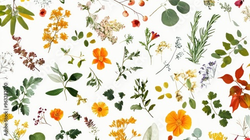 A Colorful Arrangement of Pressed Flowers and Leaves on a White Background