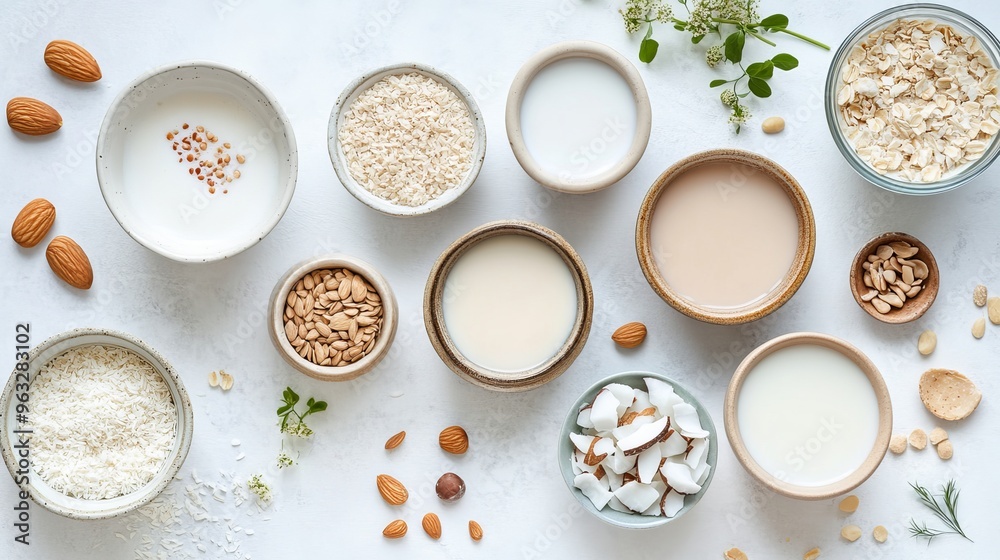 Set or collection of various vegan milk almond, coconut, cashew, on table background. Vegan plant based milk and ingredients, top view Set or collection of various vegan milk almond, coconut, cashew, on table background. Vegan plant based milk and ingredients, top view