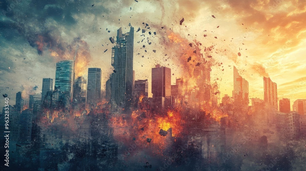 Dramatic scene of a city in destruction, showcasing exploding buildings and a fiery sky, portraying chaos and devastation. Dramatic scene of a city in destruction, showcasing exploding buildings and a fiery sky, portraying chaos and devastation.