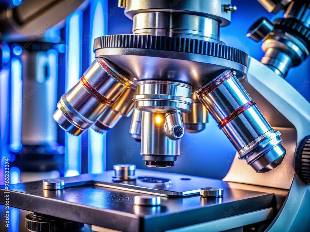 technical photography of a microscope's inside mechanism in focus
