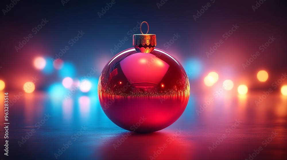 Fototapeta premium A shiny red Christmas ornament reflecting colorful lights in a festive setting.