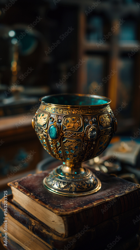 An ancient goblet made of precious metal and gemstones. Weathered regal old cup belonging to a king or ruler. Wallpaper background. An ancient goblet made of precious metal and gemstones. Weathered regal old cup belonging to a king or ruler. Wallpaper background.