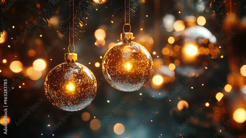 Close-up of festive ornaments hanging from a tree, glowing with warm light. Close-up of festive ornaments hanging from a tree, glowing with warm light.