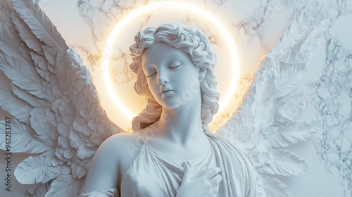 Divine Angelic Guardian with a Luminous Halo of Purity and Wings Spanning the Sacred Horizon 純潔の輝く光輪と聖なる地平線に広がる翼を持つ神の天使の守護者.Generative AI