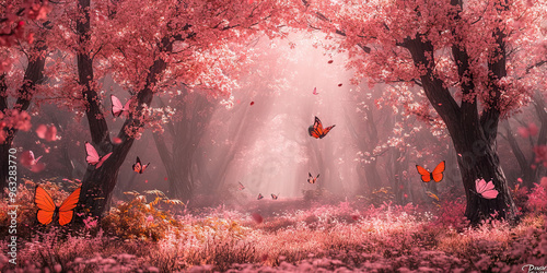 Fototapeta Naklejka Na Ścianę i Meble -  Whimsical Pink Forest: A magical forest filled with pink blossom trees and colorful butterflies.