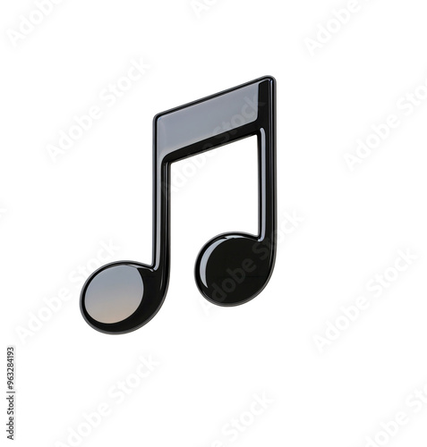 A shiny black music note symbol, isolated over a transparent background. PNG photo