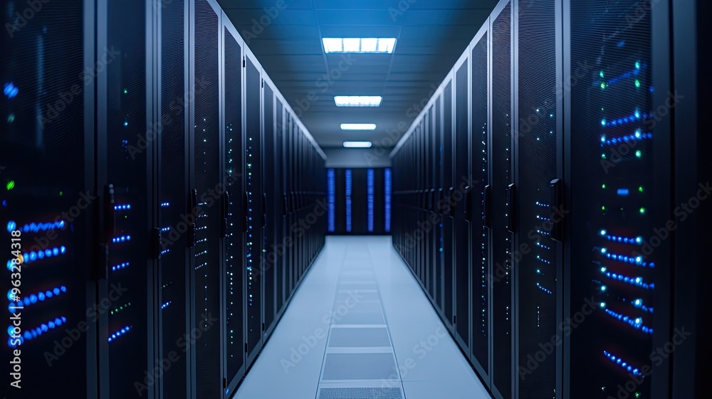 Fototapeta premium A modern data center with rows of servers lit by blue LEDs, showcasing advanced technology and efficient design.