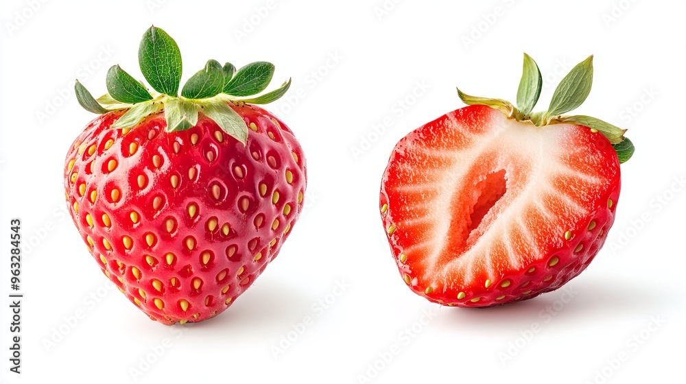 Strawberries isolated. Strawberry whole and a half on white background. Strawberry slice. With clipping path. Full depth of field Strawberries isolated. Strawberry whole and a half on white background. Strawberry slice. With clipping path. Full depth of field