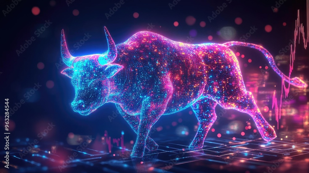 A digital bull graphic glowing with vibrant colors, representing strength and market momentum in a financial landscape. A digital bull graphic glowing with vibrant colors, representing strength and market momentum in a financial landscape.