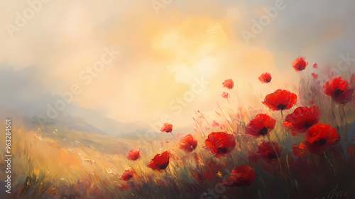 Oil painting of a poppy field in sunset light, with impressionistic reds juxtaposed against soft background hues. Impressionistic. Illustration