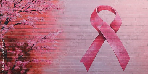Pink Ribbon on Brick Wall with Tree Branch