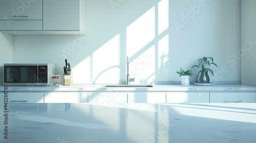 Minimalist Kitchen Counter with Marble Countertops for Food Commercial Background