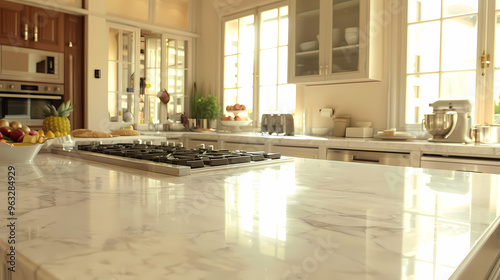 Minimalist Kitchen Counter with Marble Countertops for Food Commercial Background