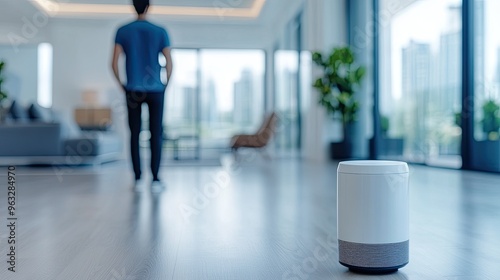 A modern home scene featuring a smart speaker with a person in the background, showcasing technology integration in lifestyle.