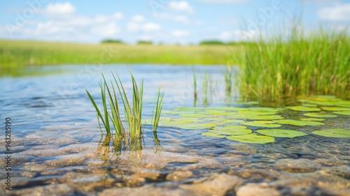 Freshwater wetlands with clear water and diverse plant species, rich and vibrant ecosystem photo