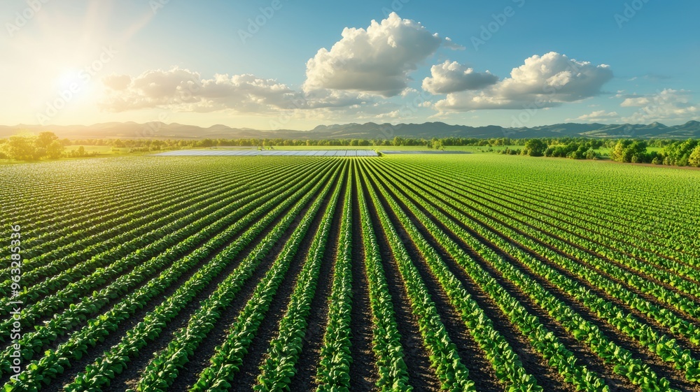 A bird's-eye view of a lush organic farm with rows of crops and solar-powered irrigation, Realistic, Warm colors, 3D rendering A bird's-eye view of a lush organic farm with rows of crops and solar-powered irrigation, Realistic, Warm colors, 3D rendering