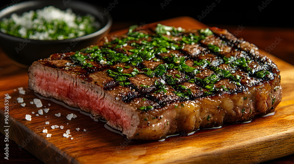 A tenderloin steak cut to reveal a juicy and marbled tenderloin, garnished with fresh rosemary and coarse salt. The charred edges add a delicious texture. Served with a wooden board underneath. A tenderloin steak cut to reveal a juicy and marbled tenderloin, garnished with fresh rosemary and coarse salt. The charred edges add a delicious texture. Served with a wooden board underneath.