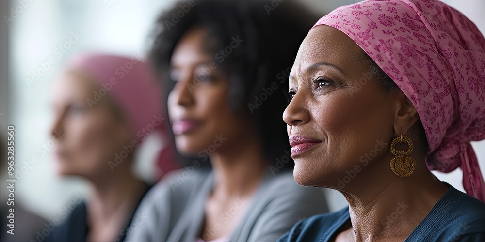 Obraz premium Diverse Women In Pink Headscarves Looking Forward