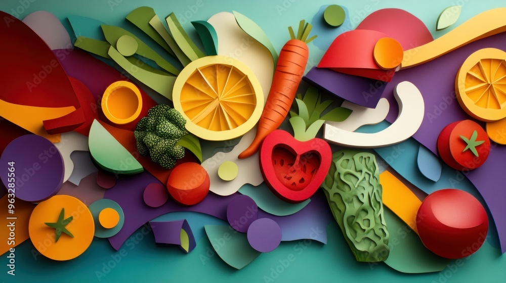 Colorful Papercut Abstract Still Life with Fruits and Vegetables Colorful Papercut Abstract Still Life with Fruits and Vegetables
