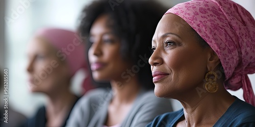 Diverse Women In Pink Headscarves Looking Forward