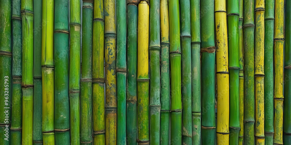 Natural Harmony: A bamboo wall, showcasing various sizes of green sticks. Natural Harmony: A bamboo wall, showcasing various sizes of green sticks.