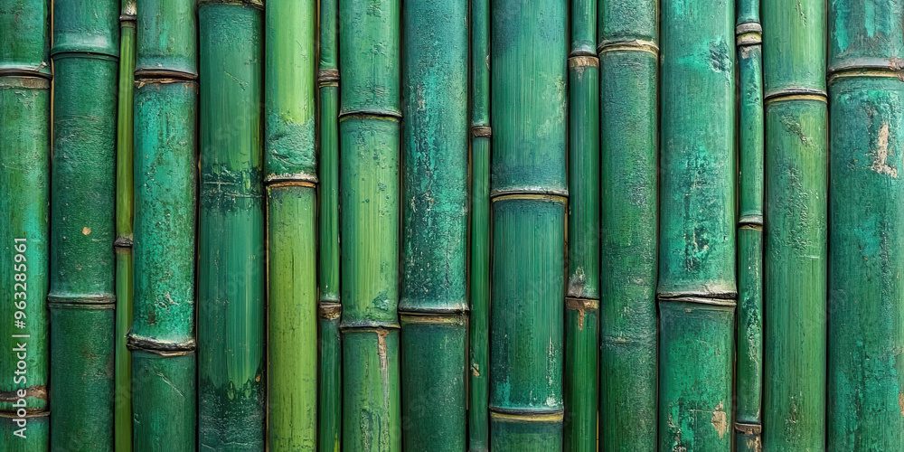 Natural Harmony: A bamboo wall, showcasing various sizes of green sticks. Natural Harmony: A bamboo wall, showcasing various sizes of green sticks.