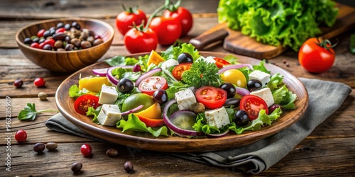 Fresh garden salad beautifully presented on a rustic wooden table with colorful ingredients and feta cheese, salad