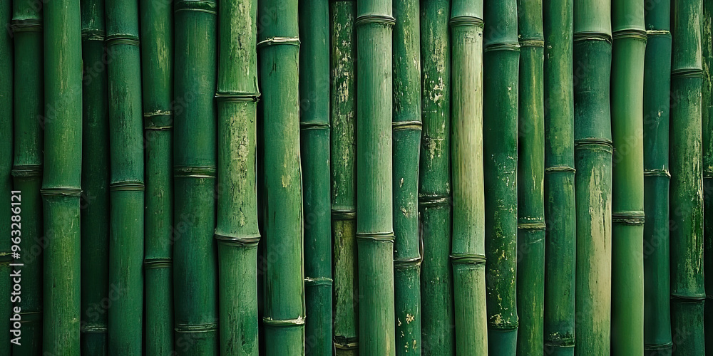 Natural Harmony: A bamboo wall, showcasing various sizes of green sticks. Natural Harmony: A bamboo wall, showcasing various sizes of green sticks.