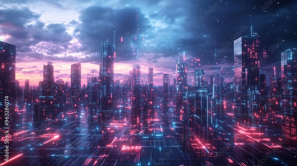 Obraz premium Data-driven abstract city with holographic buildings, surrounded by a dark