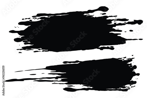 Set of two abstract black ink brush stroke designs on white background ideal for grunge textures, artistic backgrounds, web design elements, and digital projects.