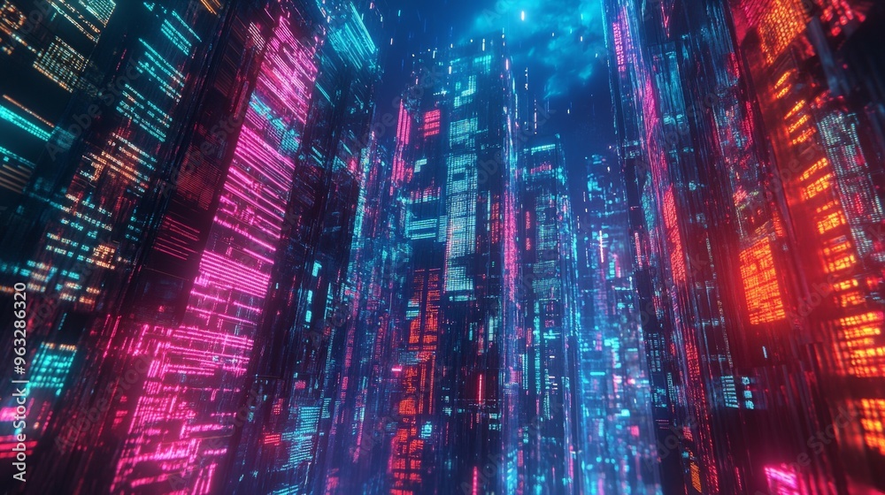 Data-driven future city with skyscrapers of glowing data, integrated Data-driven future city with skyscrapers of glowing data, integrated