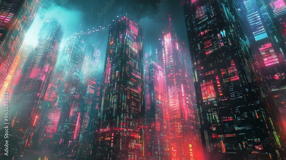 Fototapeta premium Data-driven future city with skyscrapers of glowing data, integrated