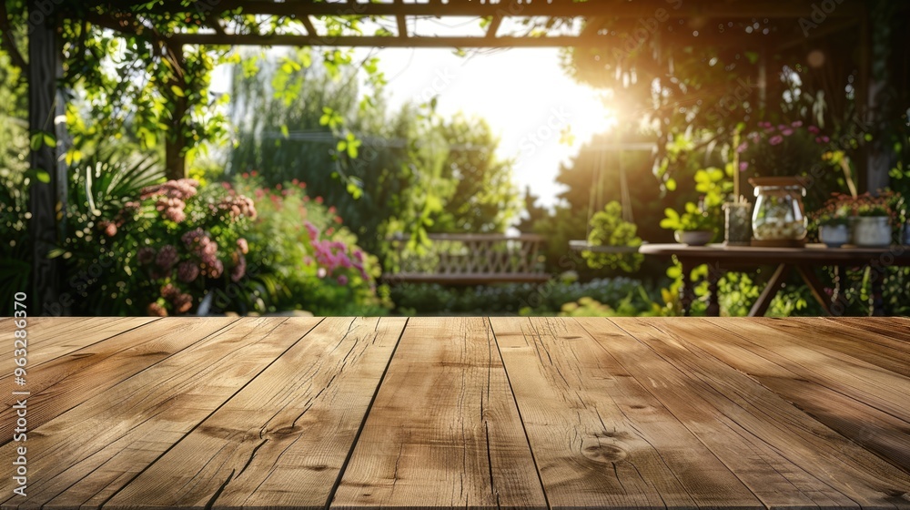 Wooden countertop mock up with summer background and cozy ambiance. Wooden countertop mock up with summer background and cozy ambiance.