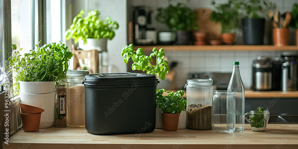 Zero-Waste Kitchen: A kitchen counter with a compost bin, reusable containers, and a recycled glass water bottle. Zero-Waste Kitchen: A kitchen counter with a compost bin, reusable containers, and a recycled glass water bottle.
