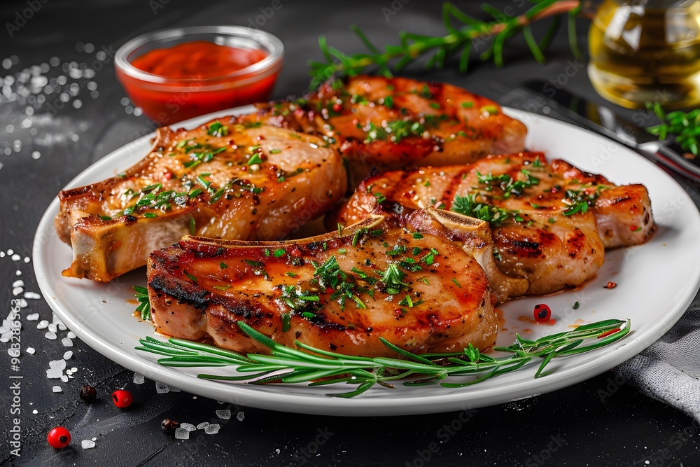 Grilled pork chops garnished with herbs on a white plate. Grilled pork chops garnished with herbs on a white plate.