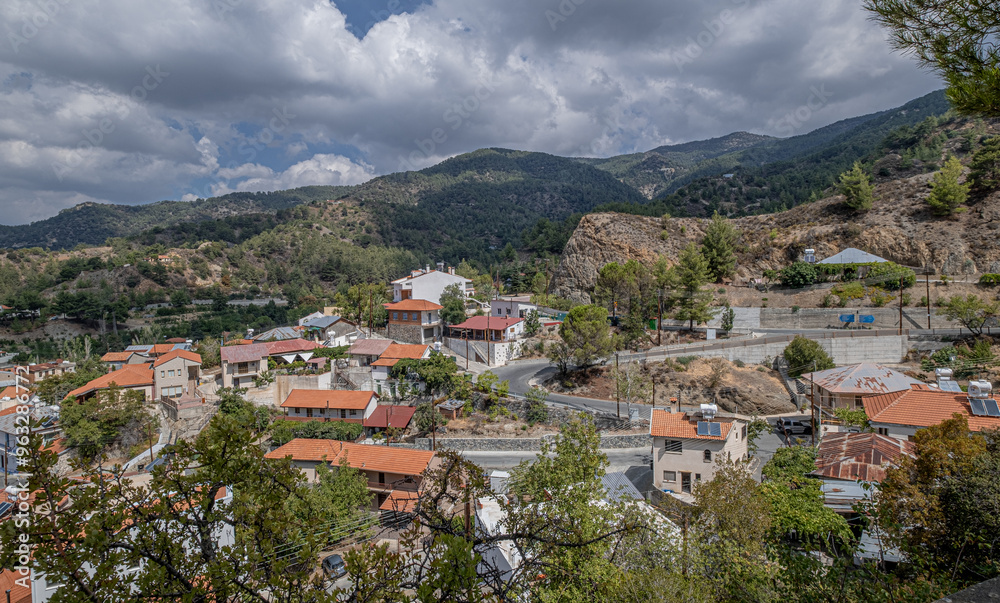 Fototapeta premium View of Phini (Foini), a picturesque, natural beauty, mountainous village in the Troodos Mountains at 920 m ASL, located near by the town of Platres, Limassol district, Cyprus 