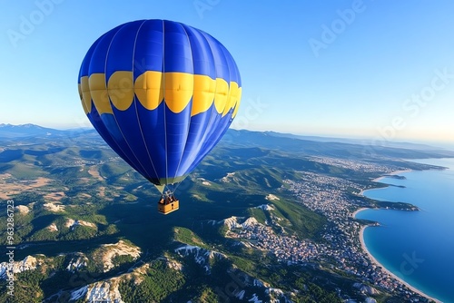 Adventurous hot air balloon ride, soaring above, panoramic views gives you a birdâ€™s-eye perspective on the world below photo